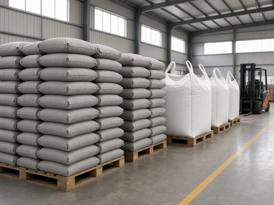 Cement sacks and jumbo bags staged in a warehouse